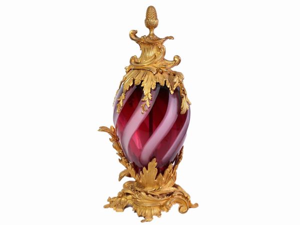 An ormolu and red double crystal potiche