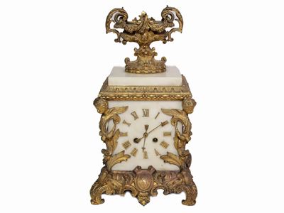 Orologio da Camino in Marmo Bianco e Brozo Dorato