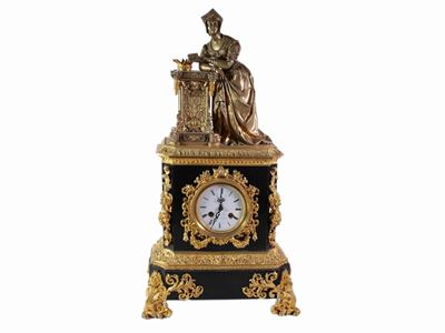 Orologio da Camino in Bronzo Dorato e Marmo Nero del Belgio