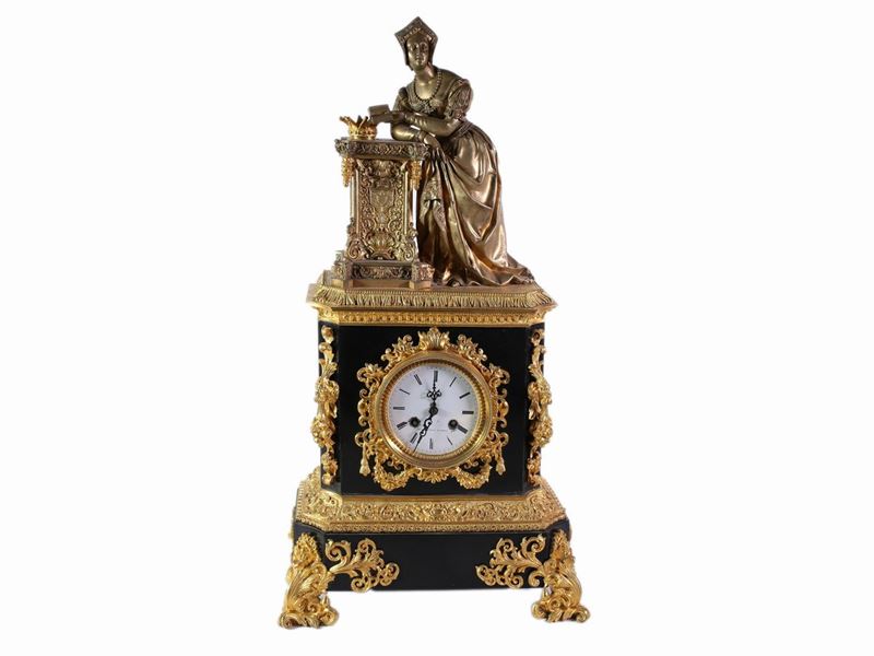 Orologio da Camino in Bronzo Dorato e Marmo Nero del Belgio