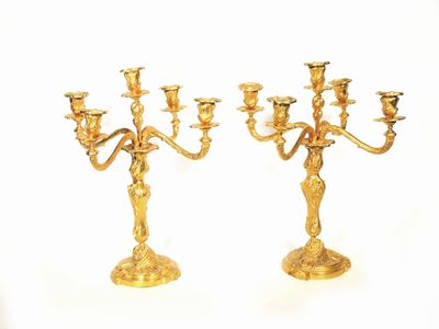 Coppia di Candelabri in Bronzo Dorato