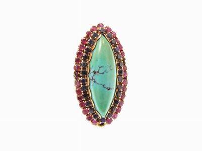 Anello in Oro Giallo con Rubini, Zaffiri e Turchese