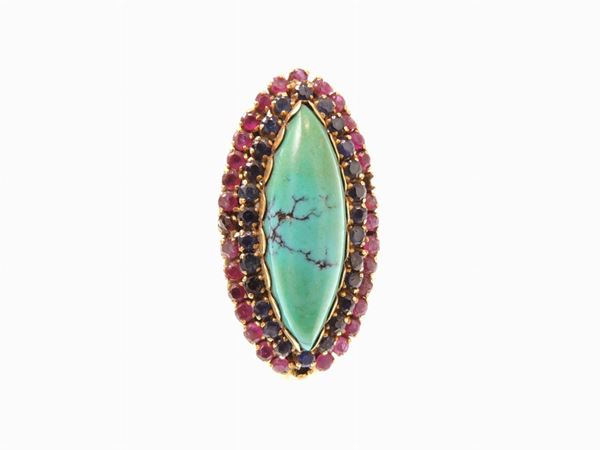 Yellow gold ring with rubies, sapphires and turquoise