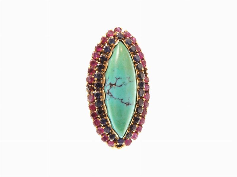 Anello in Oro Giallo con Rubini, Zaffiri e Turchese