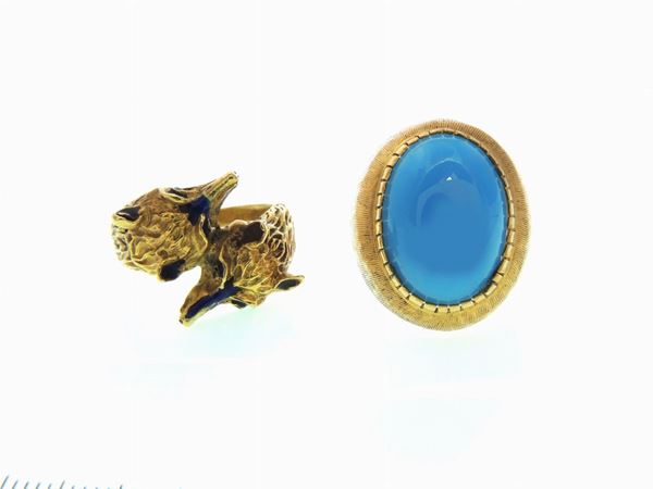 Two yellow gold rings with enamels and turquoise