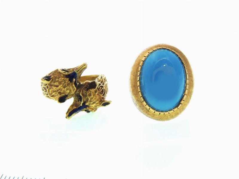 Due Anelli in Oro Giallo, Smalti e Turchese