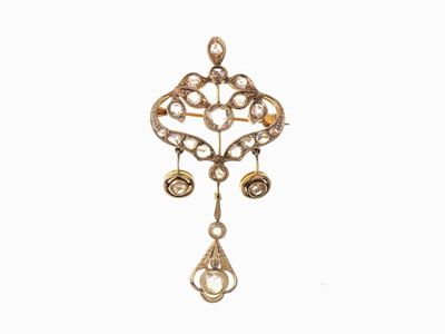 Spilla Pendente in Oro Giallo e Argento con Diamanti