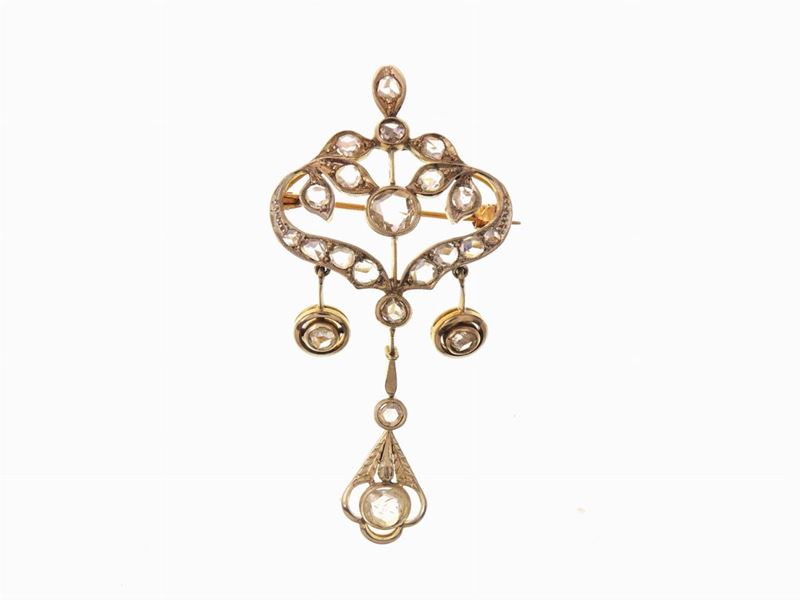 Spilla Pendente in Oro Giallo e Argento con Diamanti