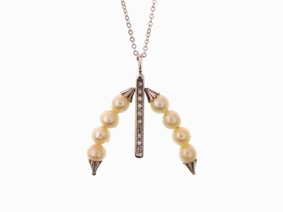 Catenina e Pendente in Oro Bianco con Diamanti e Perle