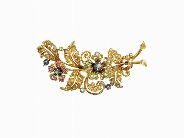 Yellow gold brooch with diamonds, emeralds, rubies and micro pearls