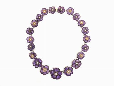 Collana Scalare in Oro Giallo 375/1000, Argento, Diamanti, Rubini e Quarzi Ametista