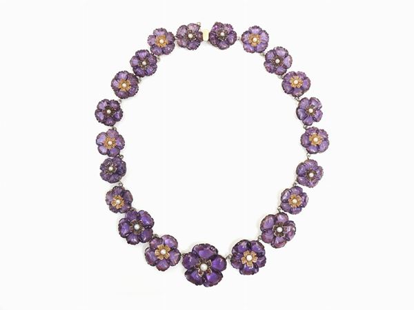 9KT yellow gold and silver graduated necklace with diamonds, rubies and amethyst quartzes