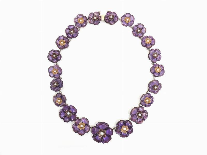 Collana Scalare in Oro Giallo 375/1000, Argento, Diamanti, Rubini e Quarzi Ametista