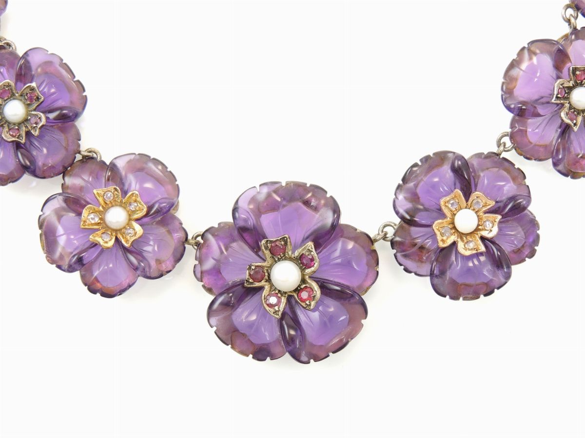 Collana Scalare in Oro Giallo 375/1000, Argento, Diamanti, Rubini e Quarzi Ametista