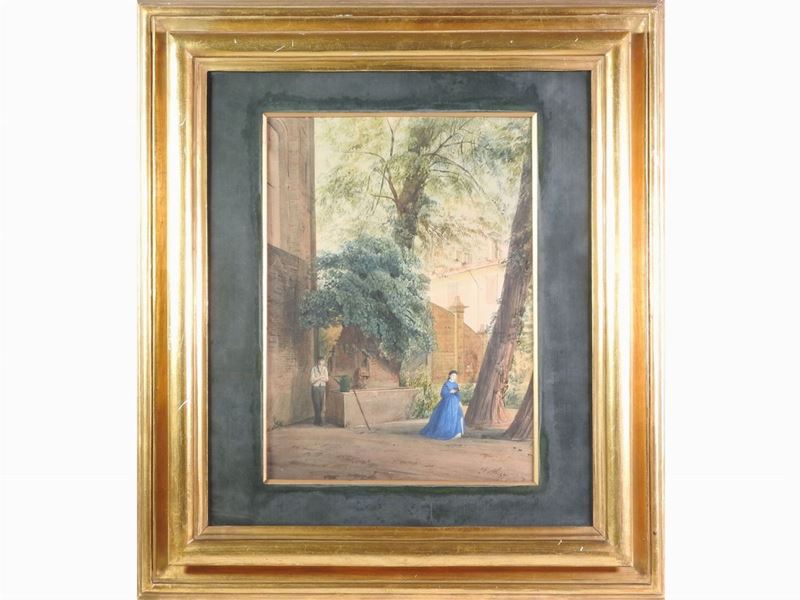 Scuola Italiana del XIX Secolo - Scorcio di Giardino con Scena Galante