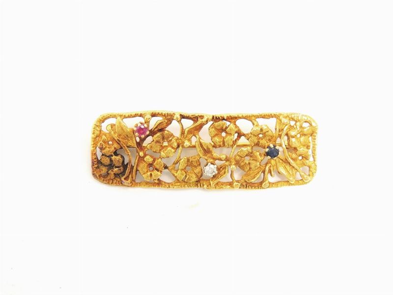 Spilla in Oro Giallo con Diamante, Rubino e Zaffiro