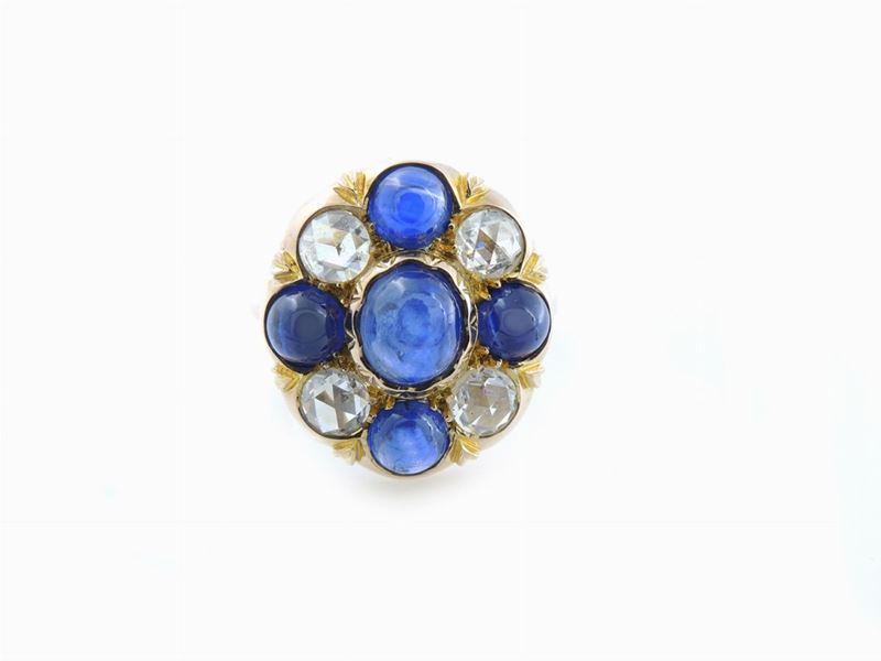 Anello in Oro Giallo, Diamanti e Zaffiri