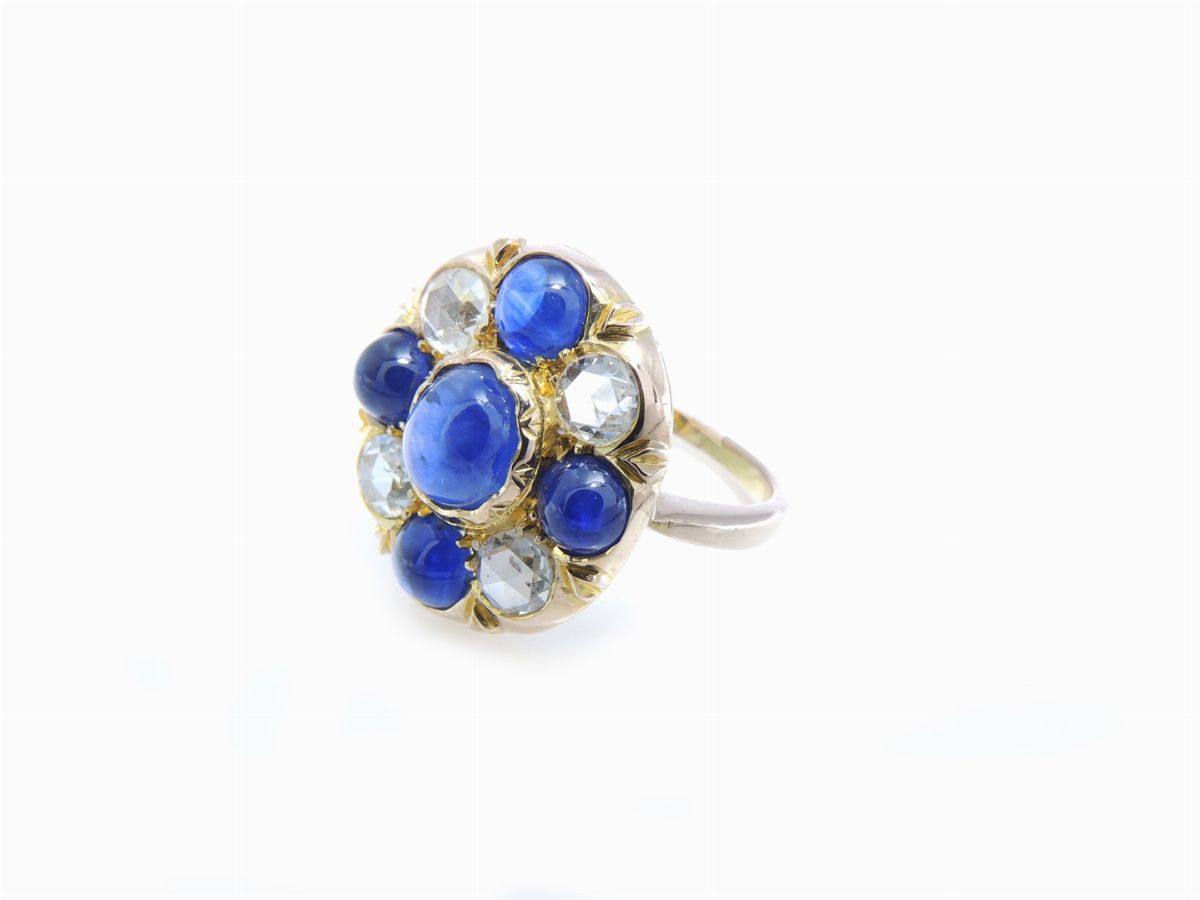 Anello in Oro Giallo, Diamanti e Zaffiri