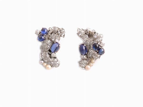 White gold earrings with diamonds, sapphires and pearls