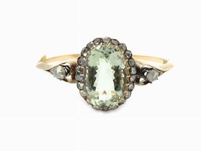 Bracciale Rigido in Oro Giallo e Argento con Diamanti e Quarzo Verde
