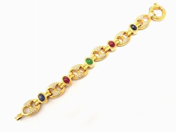 Yellow gold bracelet with diamonds, rubies, sapphires and emerald