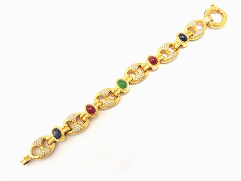 Bracciale in Oro Giallo con Diamanti, Rubini, Zaffiri e Smeraldo