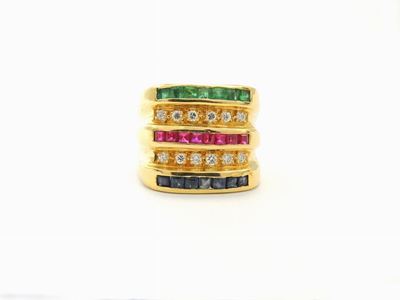 Anello a Fascia in Oro Giallo con Diamanti, Rubini, Zaffiri e Smeraldi