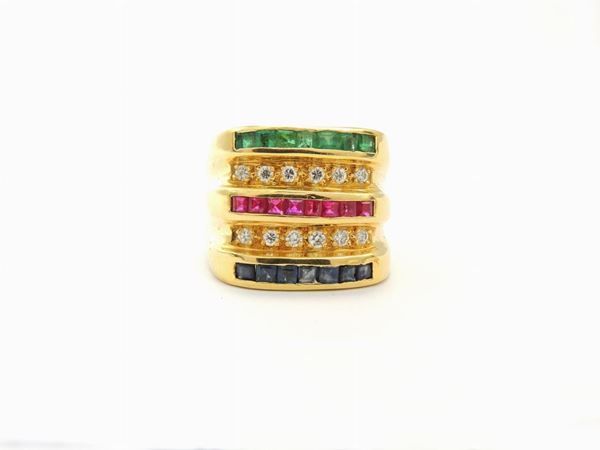 Yellow gold band ring with diamonds, rubies, sapphires and emeralds