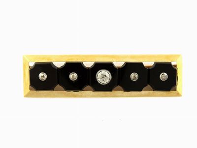 Spilla in Oro Giallo con Diamanti e Onice