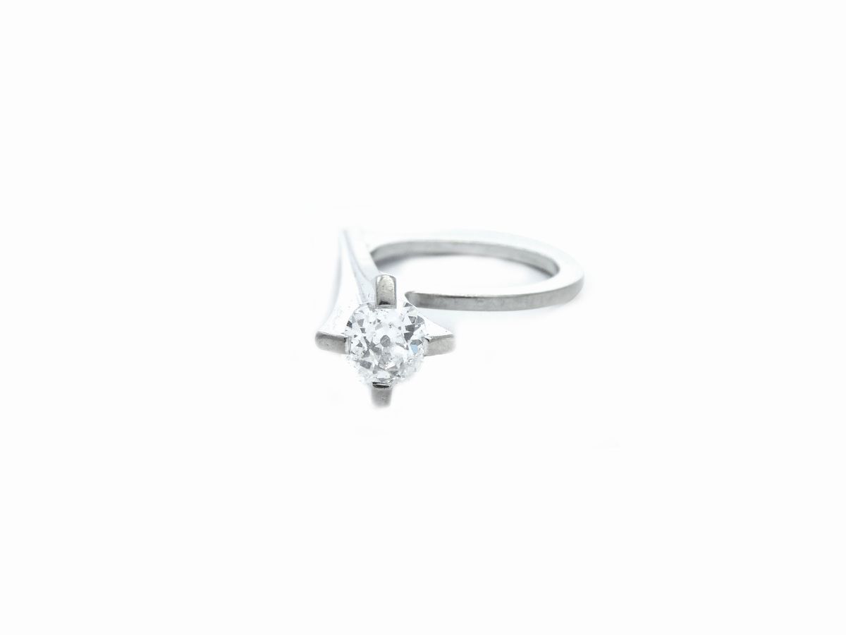 Anello da Mignolo di Design in Oro Bianco con Diamante