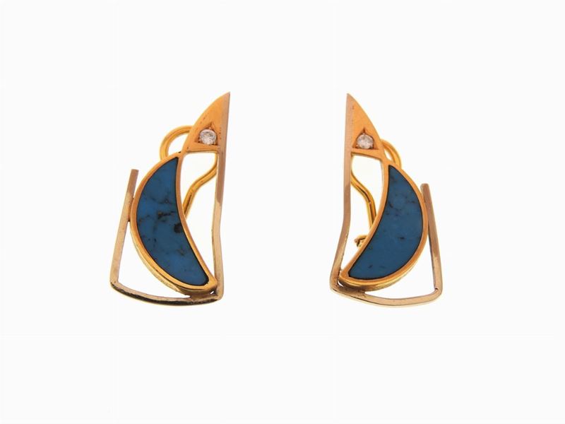 Orecchini "luna" By Fabres in Oro Giallo e Bianco, Diamanti e Turchese