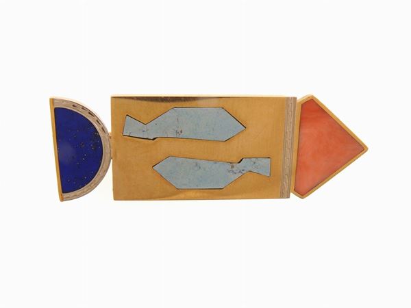 Yellow gold "Pesci" by Fabres brooch with coral, lapis lazuli and turquoise