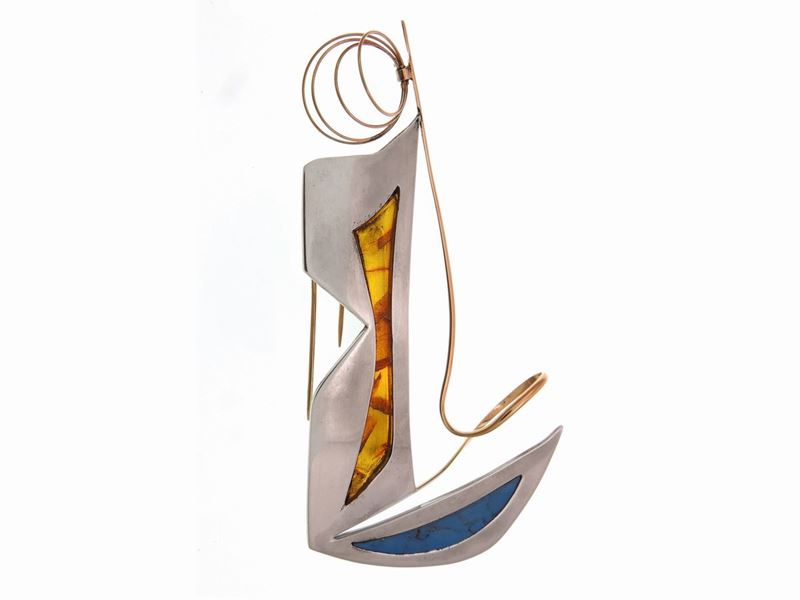 Spilla "navigante" By Fabres in Argento, Oro Giallo, Turchese e Ambra