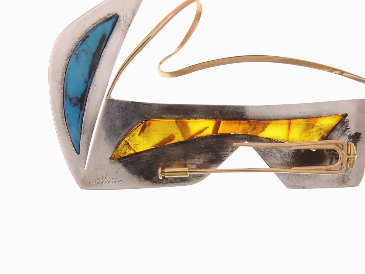 Spilla "navigante" By Fabres in Argento, Oro Giallo, Turchese e Ambra