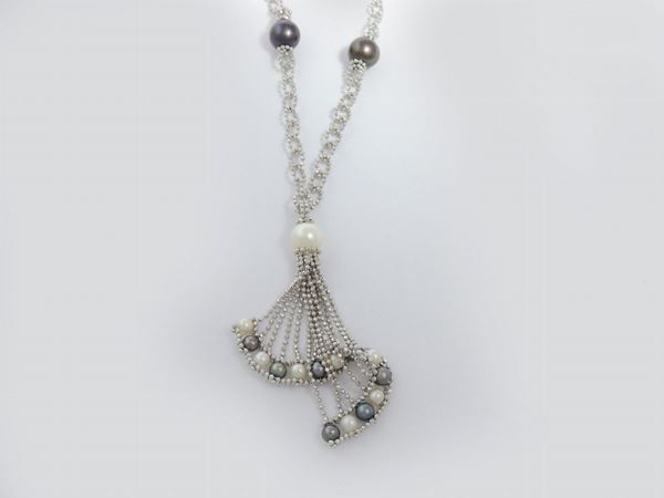 White gold beads links necklace with black and white cultured pearls