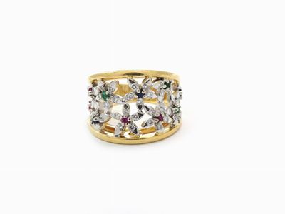 Anello in Oro Giallo e Bianco a Fascia con Diamanti, Rubini, Zaffiri e Smeraldi