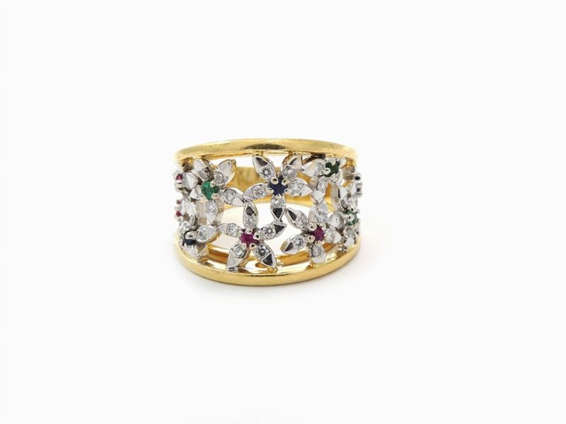 Anello in Oro Giallo e Bianco a Fascia con Diamanti, Rubini, Zaffiri e Smeraldi