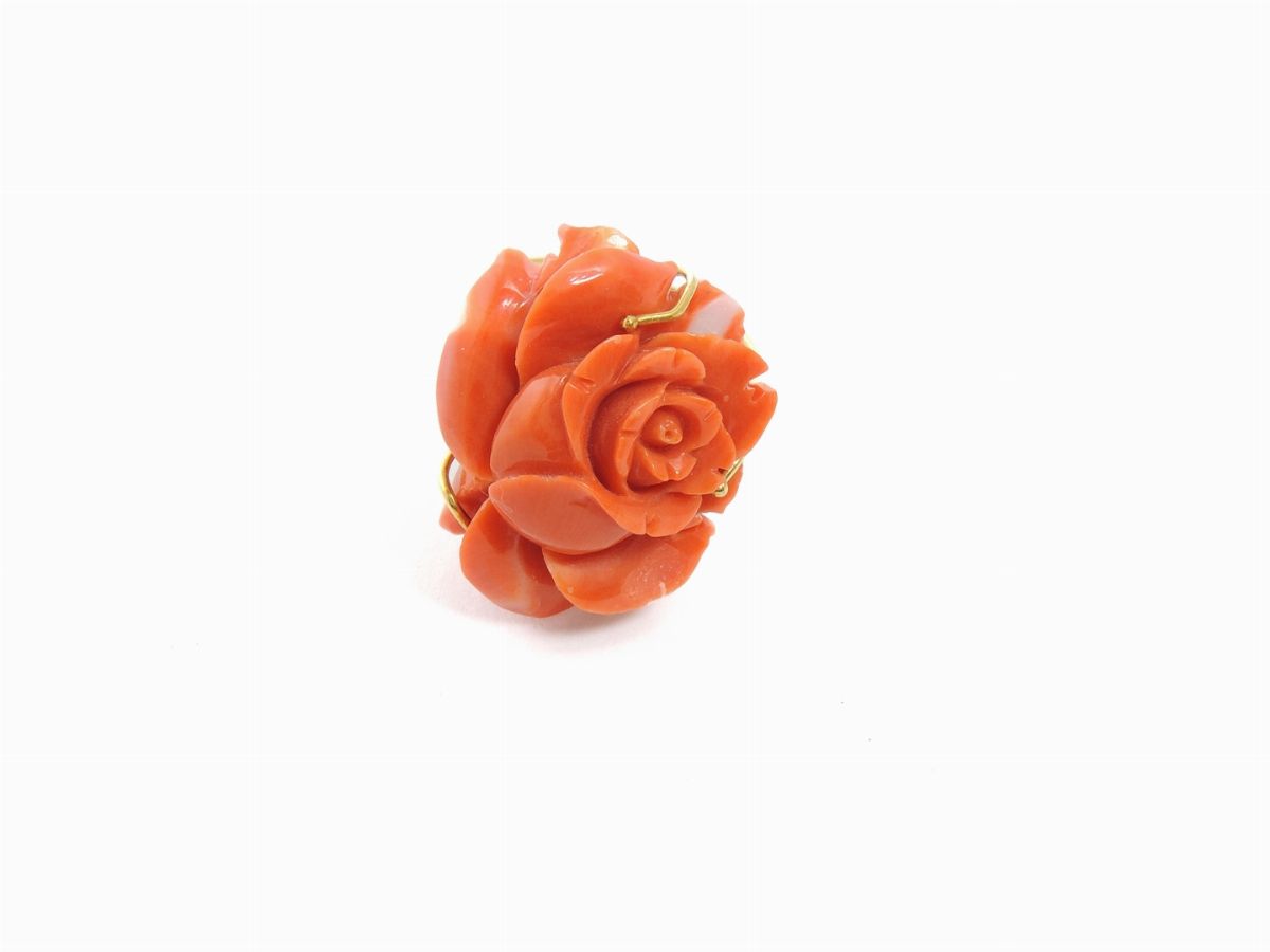 Demi Parure Bracciale e Anello in Oro Giallo e Corallo Rosso Aranciato