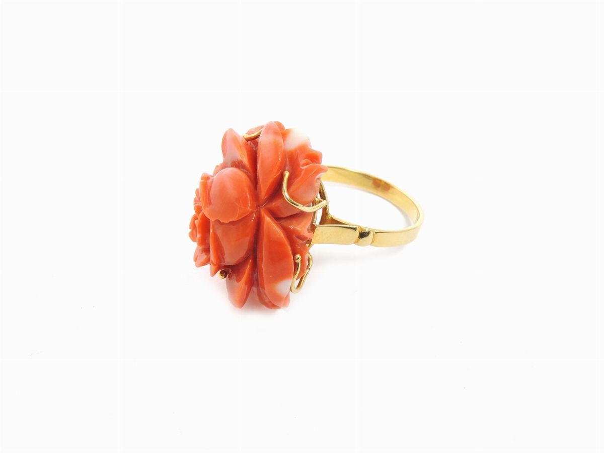 Demi Parure Bracciale e Anello in Oro Giallo e Corallo Rosso Aranciato