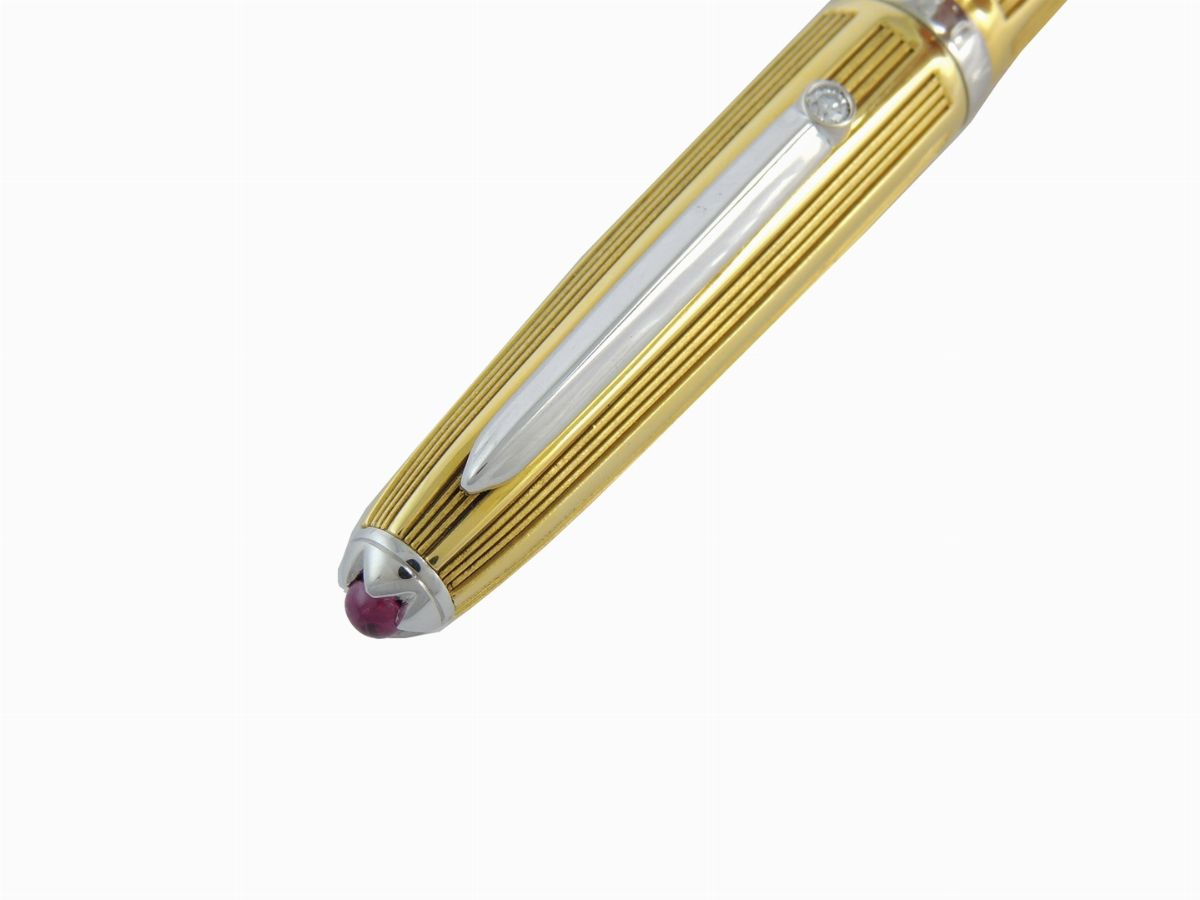 Penna Stilografica Pineider in Oro Giallo e Bianco, Diamante e Pietra Rossa