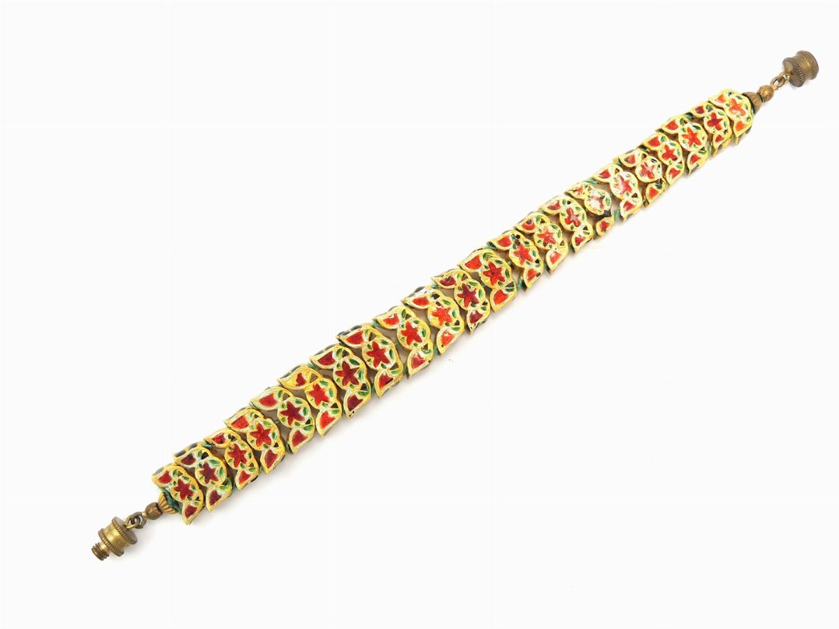 Demi Parure Bracciale, Spilla e Orecchini Pendenti in Oro Giallo, Turchese e Smalti Policromi