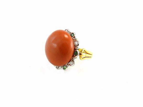 Yellow gold ring with diamonds, orange coral and emeralds