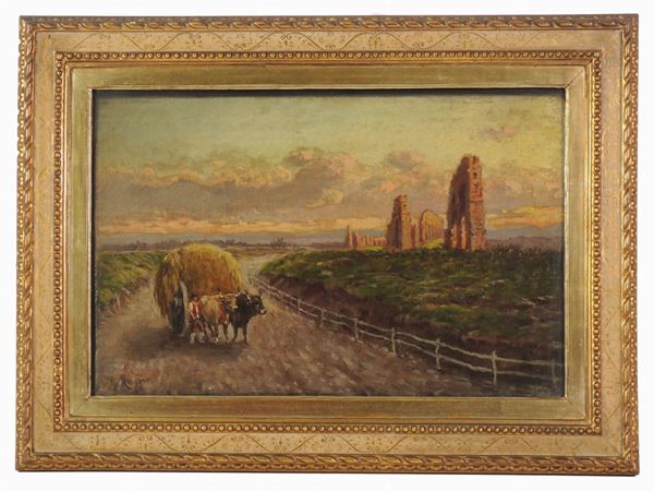 Giuseppe Raggio - Landscape with ancient ruins and wagon