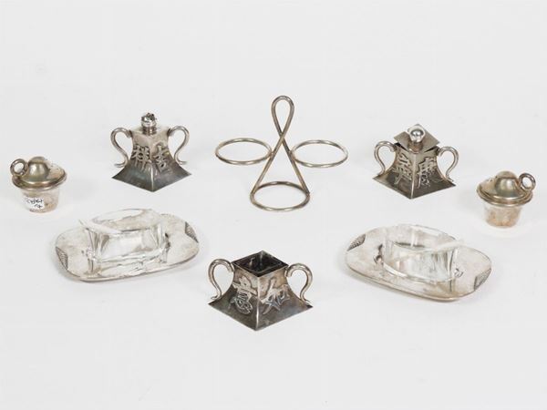 A silver curio table lot items