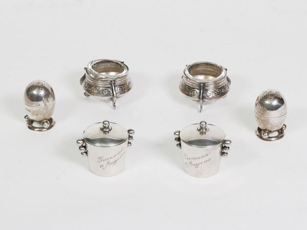 Three pairs of silver salt and pepper shakers