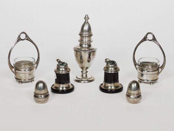 Three pairs of salt and pepper silver shakers