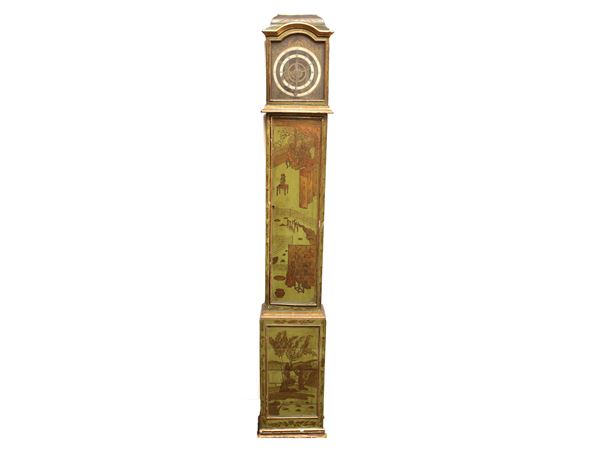 A sage green lacquered long case clock
