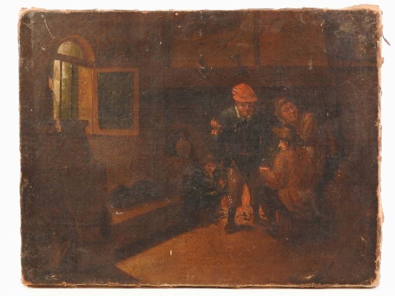 Maniera della Pittura Olandese del Seicento, XIX/XX Secolo - Interno di Taverna con Personaggi e ...