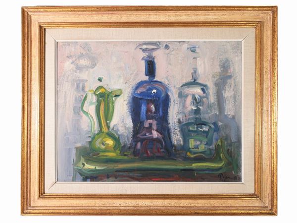 Enzo Pregno : Still life with bottles  ((1898-1972))  - Auction The Collector's House - Villa of the Azaleas in Florence - I - I - Maison Bibelot - Casa d'Aste Firenze - Milano
