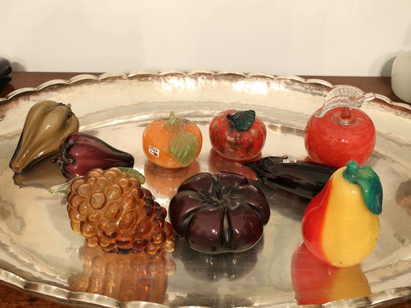 A lot of ten blown glass fruits and vegetables